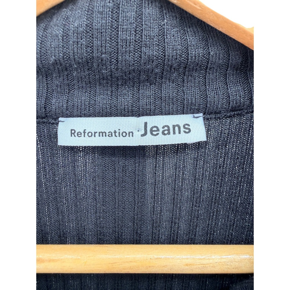 Reformation Jeans Black Ribbed Long Sleeve Polo Henley Cropped Top Small - Picture 2 of 6